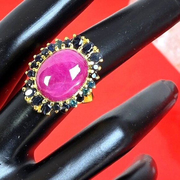 925 Sterling Silver Ring Sz 6.75 with Natural Ruby 1.6x1.3cm & Sapphire Gems - Picture 9 of 14